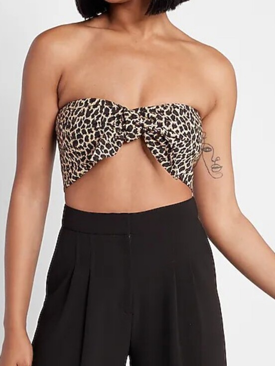 Express Tops - Express Leopard Print Linen-Blend Tie Front Bandeau Top